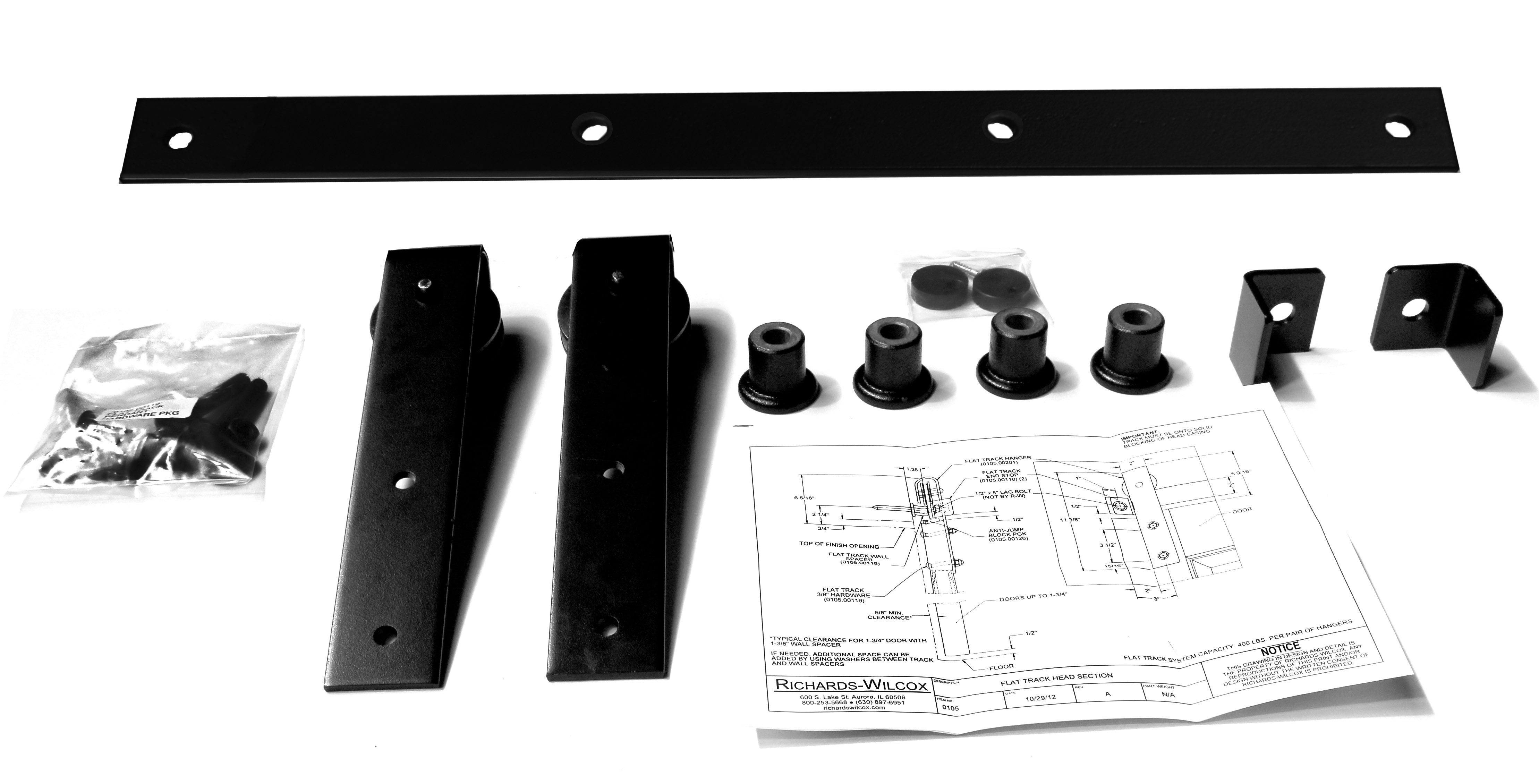 Series 105 Flat Track Kit with Traditional Quiet Wheel Hangers for Single Door for 4’ – 0” Opening -Powder Coated